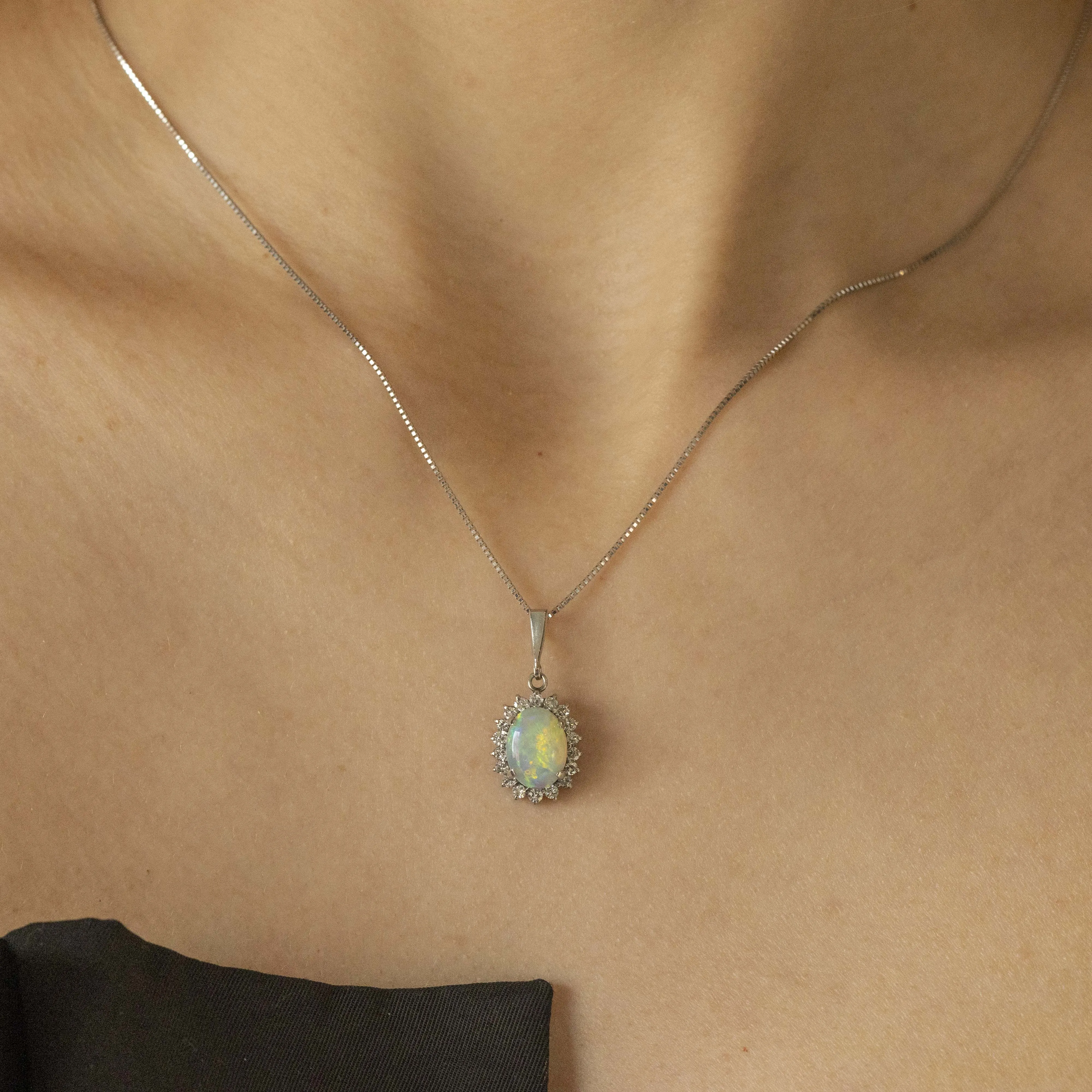 Platinum 1.35 Carat Cabochon Opal Diamond Halo Pendant Necklace