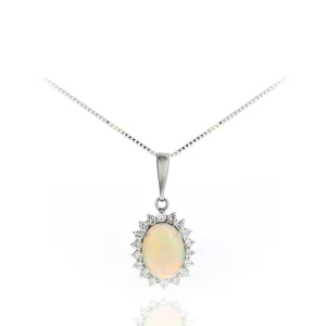 Platinum 1.35 Carat Cabochon Opal Diamond Halo Pendant Necklace