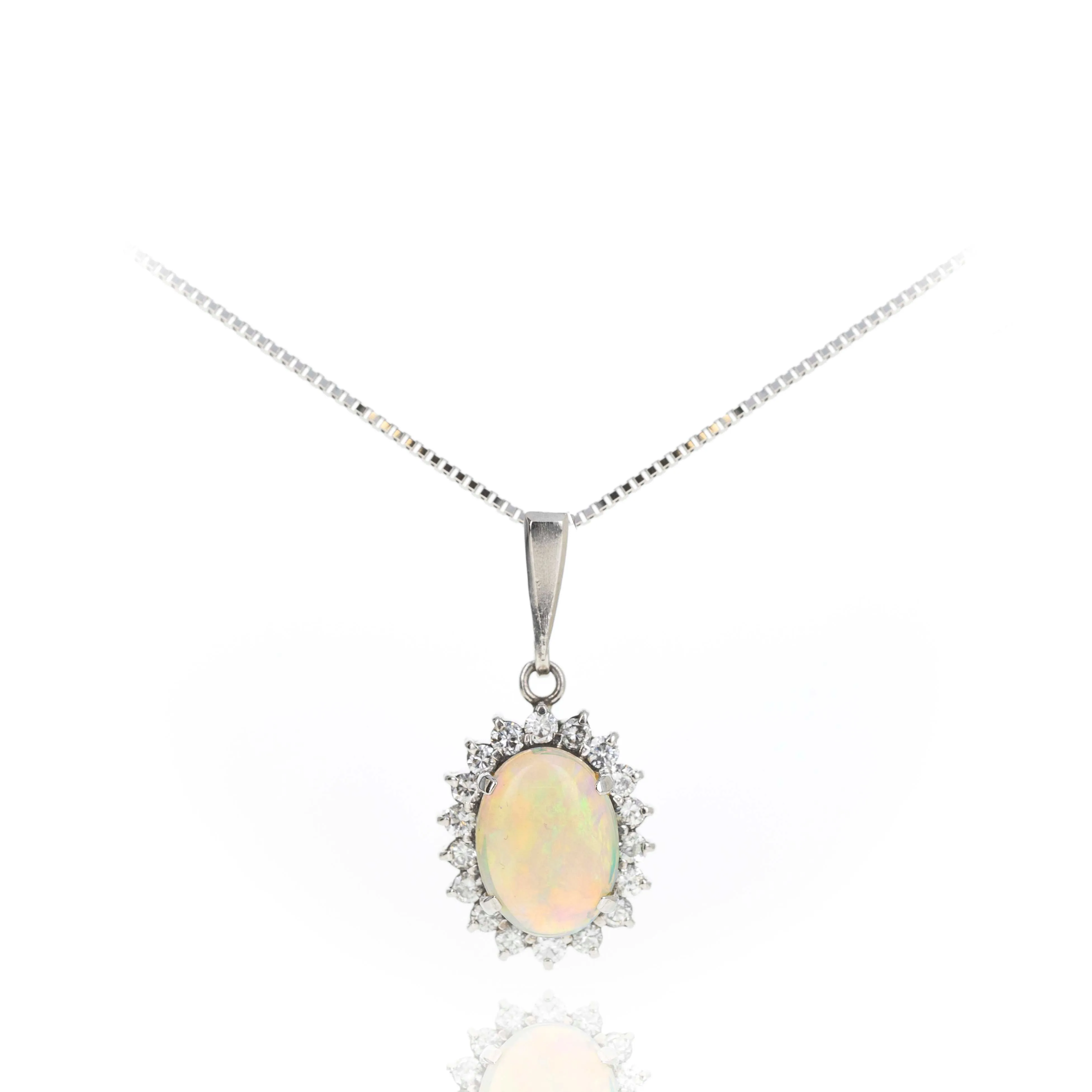 Platinum 1.35 Carat Cabochon Opal Diamond Halo Pendant Necklace