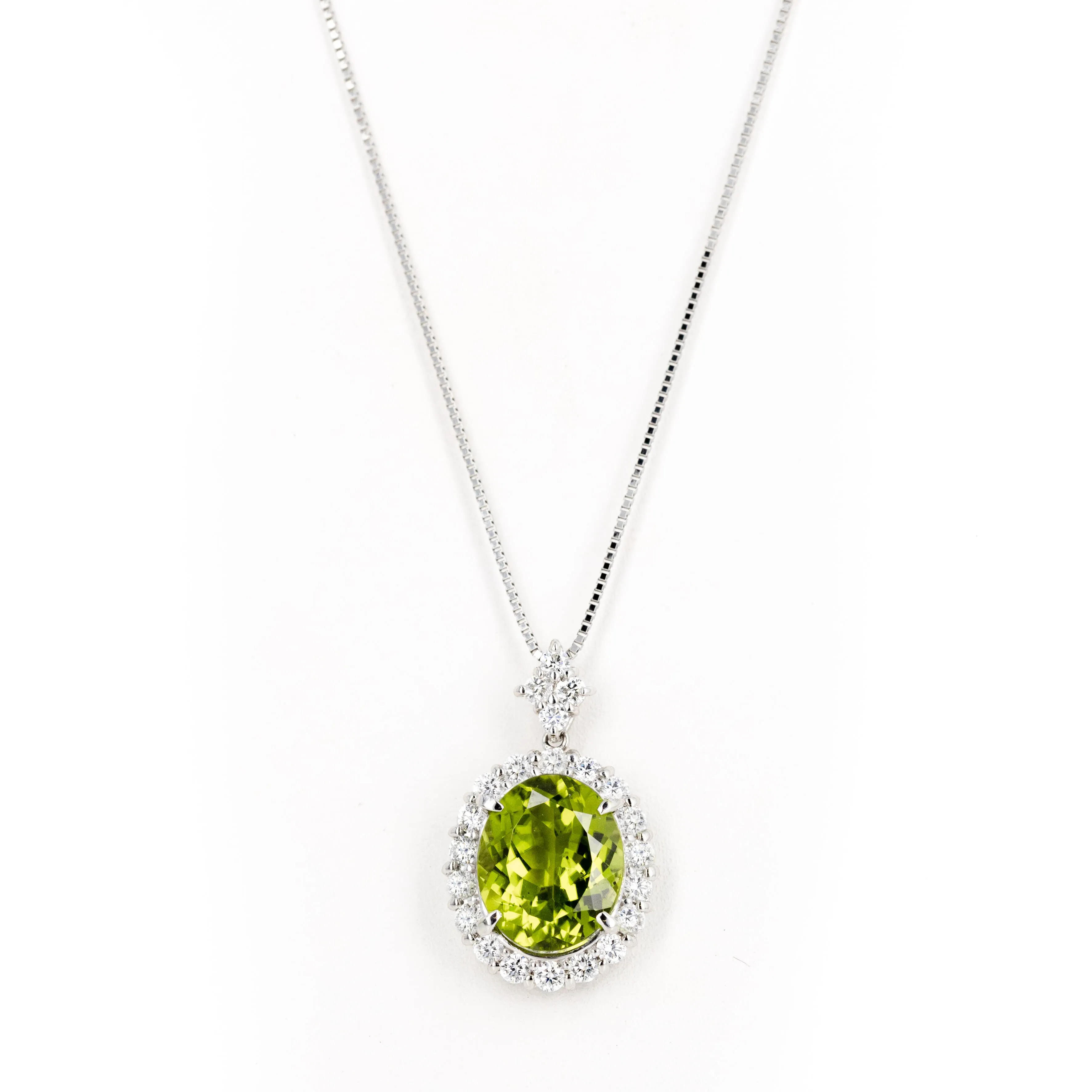 Platinum 5.10 Carat Peridot Diamond Halo Pendant Necklace