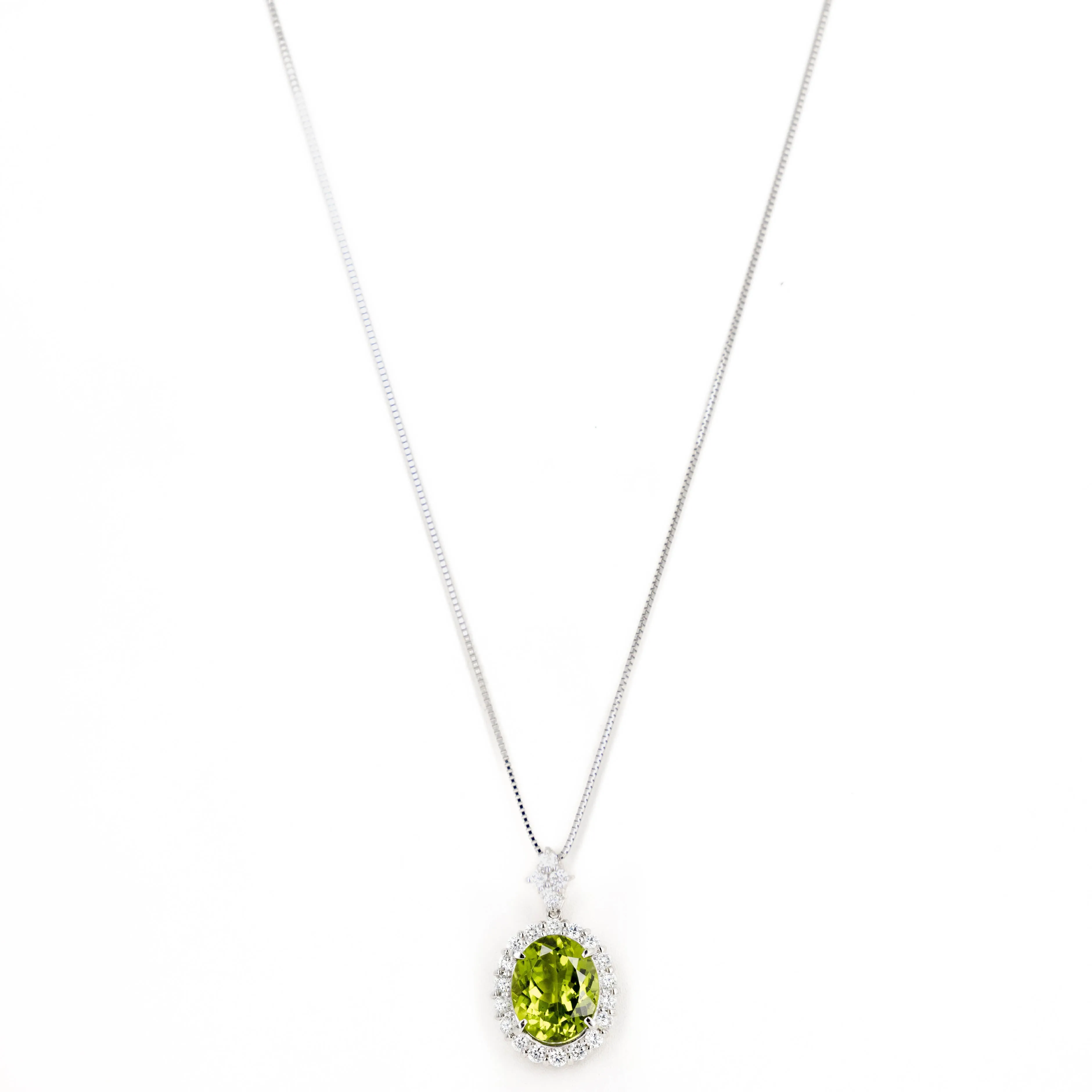 Platinum 5.10 Carat Peridot Diamond Halo Pendant Necklace