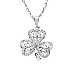 Platinum Plated Filigree Shamrock necklace With Clear Crystals