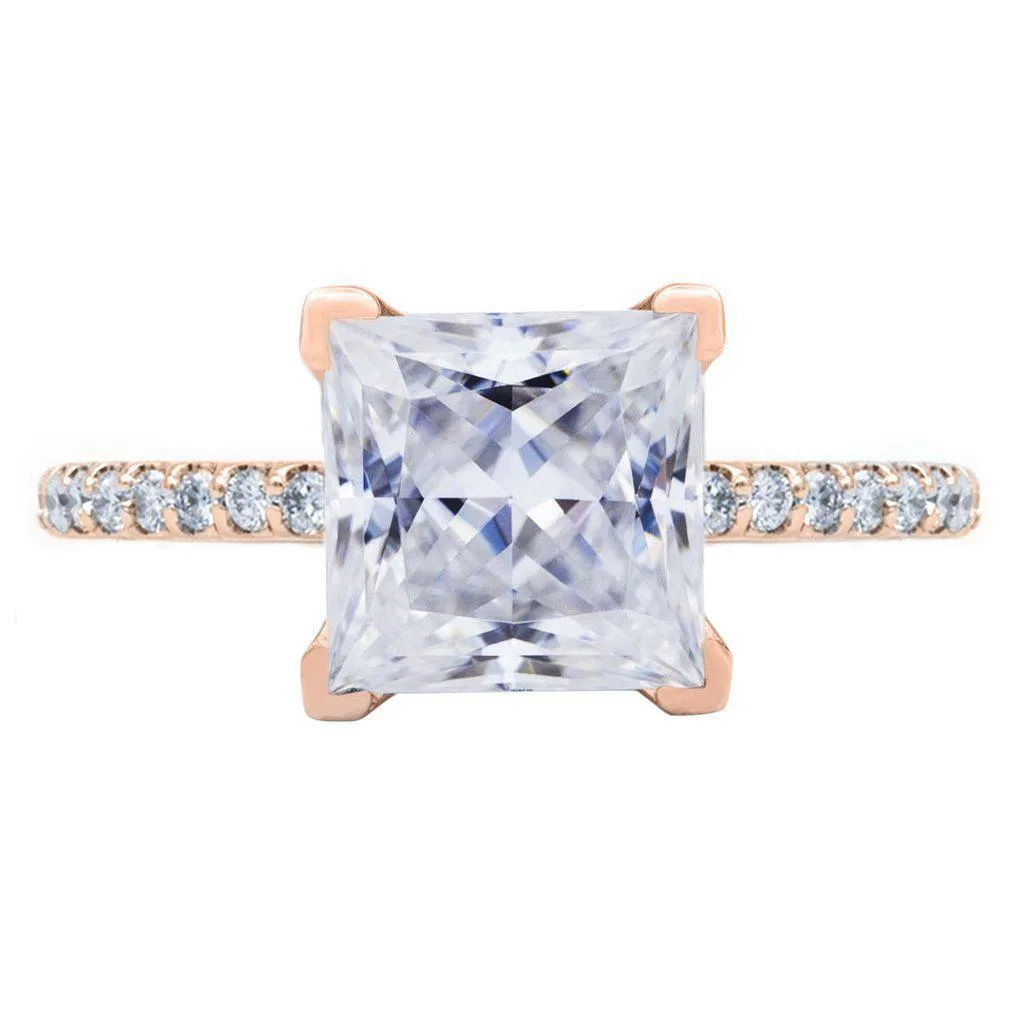 Princess Moissanite 4 Prongs Diamond Accent Ice Cathedral Solitaire Ring