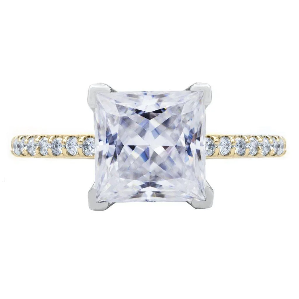 Princess Moissanite 4 Prongs Diamond Accent Ice Cathedral Solitaire Ring