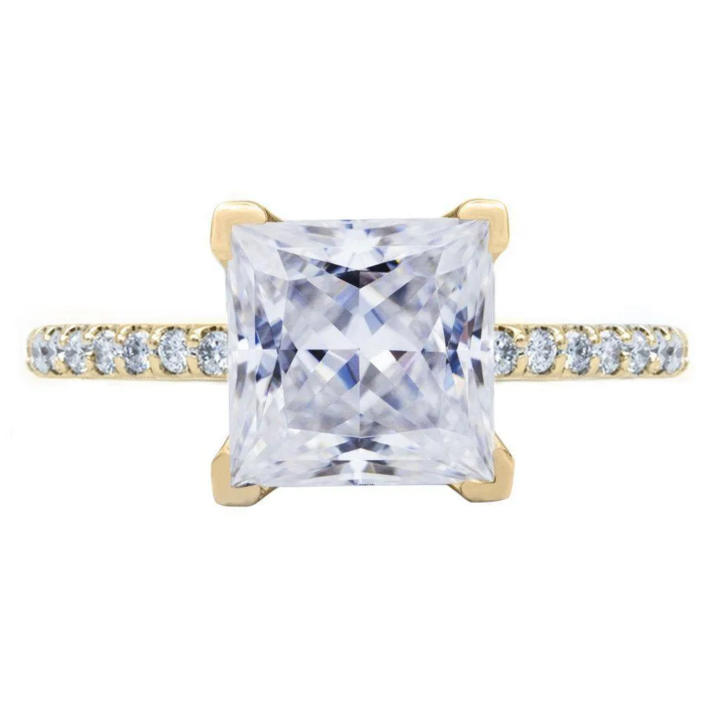 Princess Moissanite 4 Prongs Diamond Accent Ice Cathedral Solitaire Ring