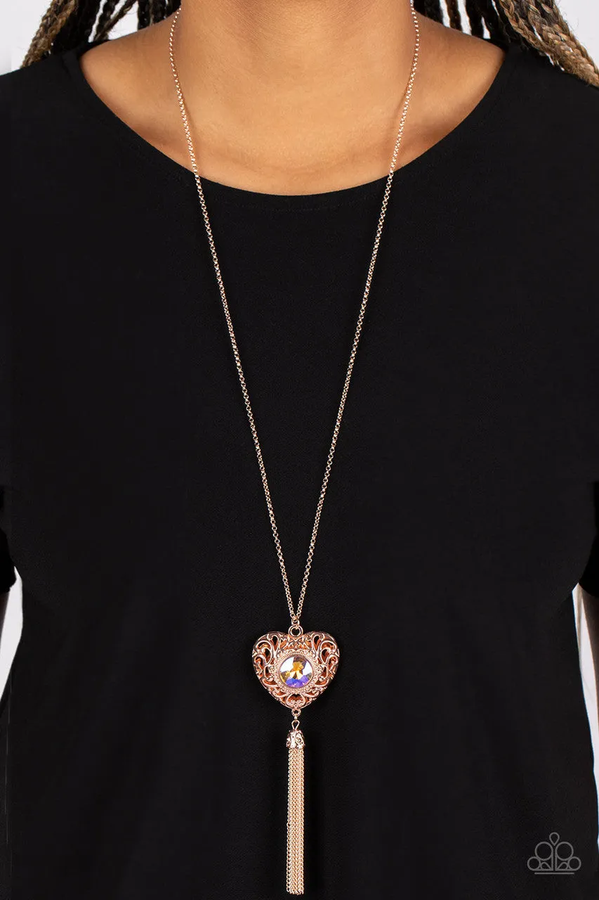 Prismatic Passion - Rose Gold - Iridescent Peach Gem Filigree Heart with Tassel Paparazzi Long Necklace