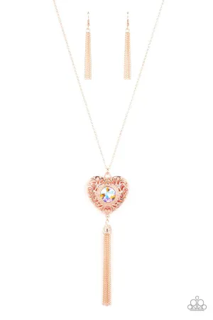 Prismatic Passion - Rose Gold - Iridescent Peach Gem Filigree Heart with Tassel Paparazzi Long Necklace