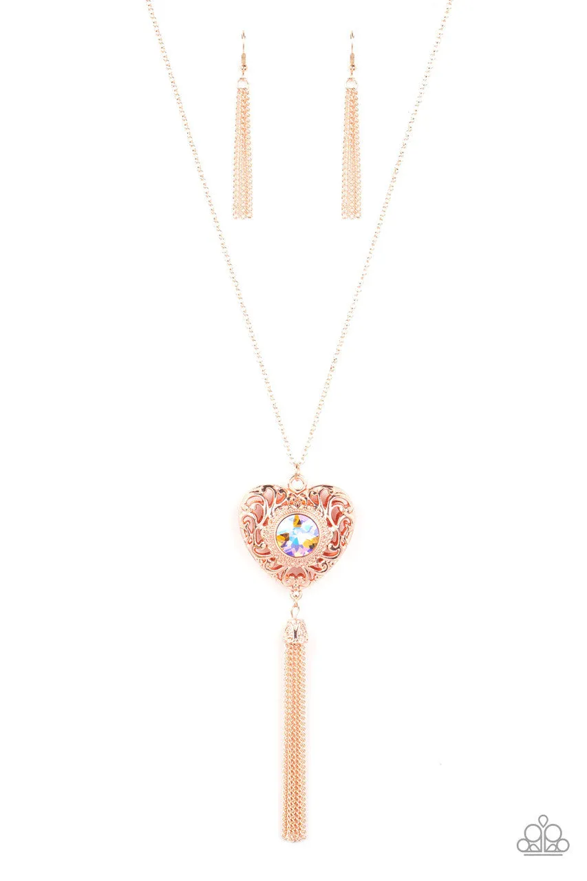 Prismatic Passion - Rose Gold - Iridescent Peach Gem Filigree Heart with Tassel Paparazzi Long Necklace