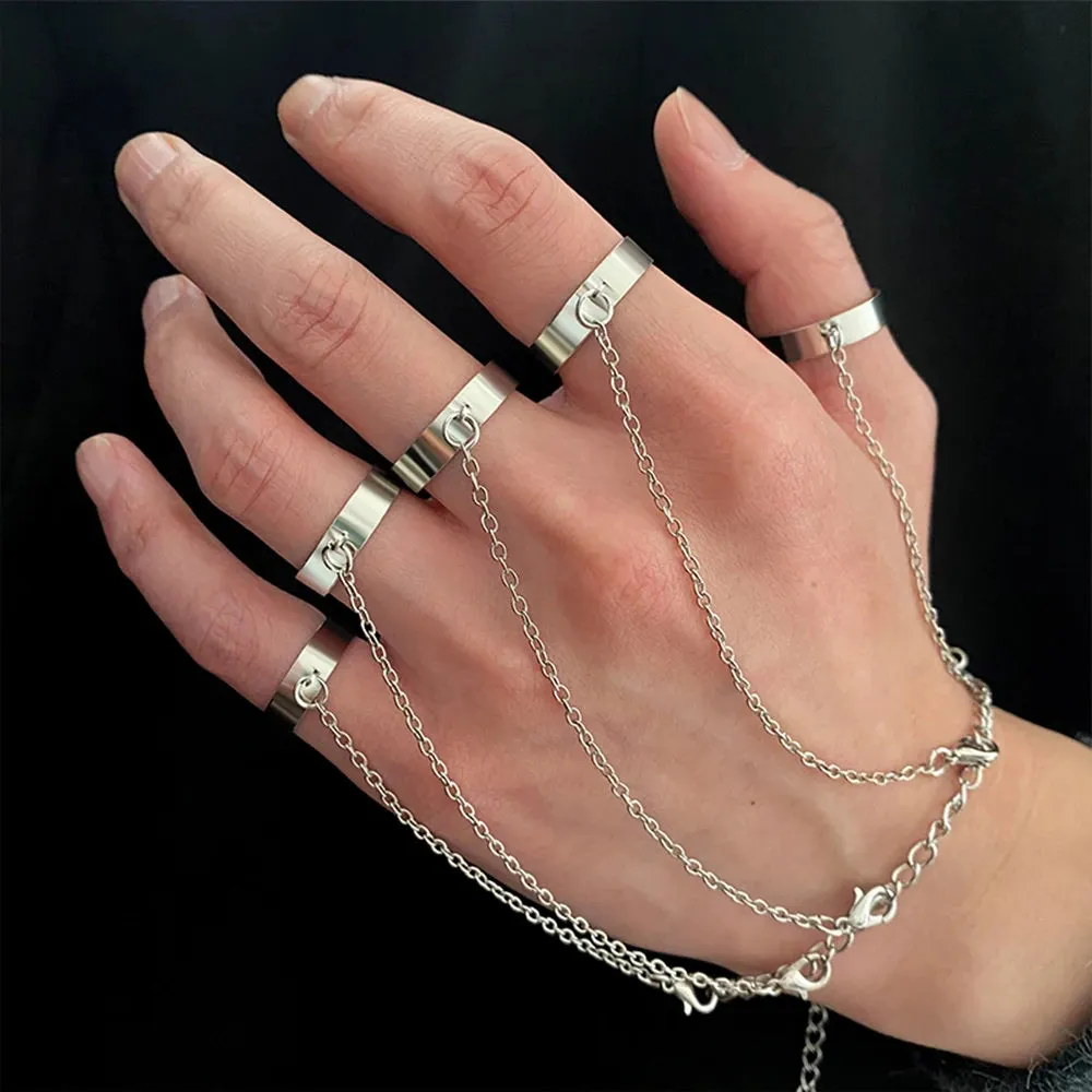 Punk Silver Chain Open Finger Rings Set