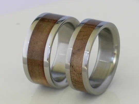 Pure Tungsten and Titanium Exotic SUGAR GUM WOOD Bands His and Hers Wedding Bands Flat Design Any Size 4-17 & 1/4 sizes