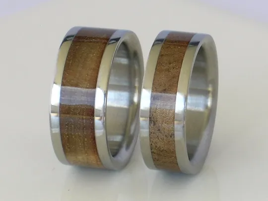 Pure Tungsten and Titanium Exotic SUGAR GUM WOOD Bands His and Hers Wedding Bands Flat Design Any Size 4-17 & 1/4 sizes