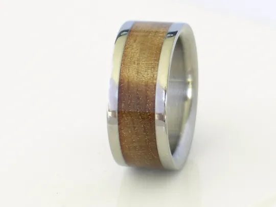 Pure Tungsten and Titanium Exotic SUGAR GUM WOOD Bands His and Hers Wedding Bands Flat Design Any Size 4-17 & 1/4 sizes