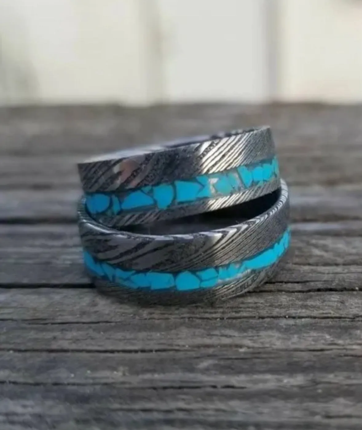 "Twisted Turquoise Set"Stainless Damascus Wedding Ring Set Twist Pattern