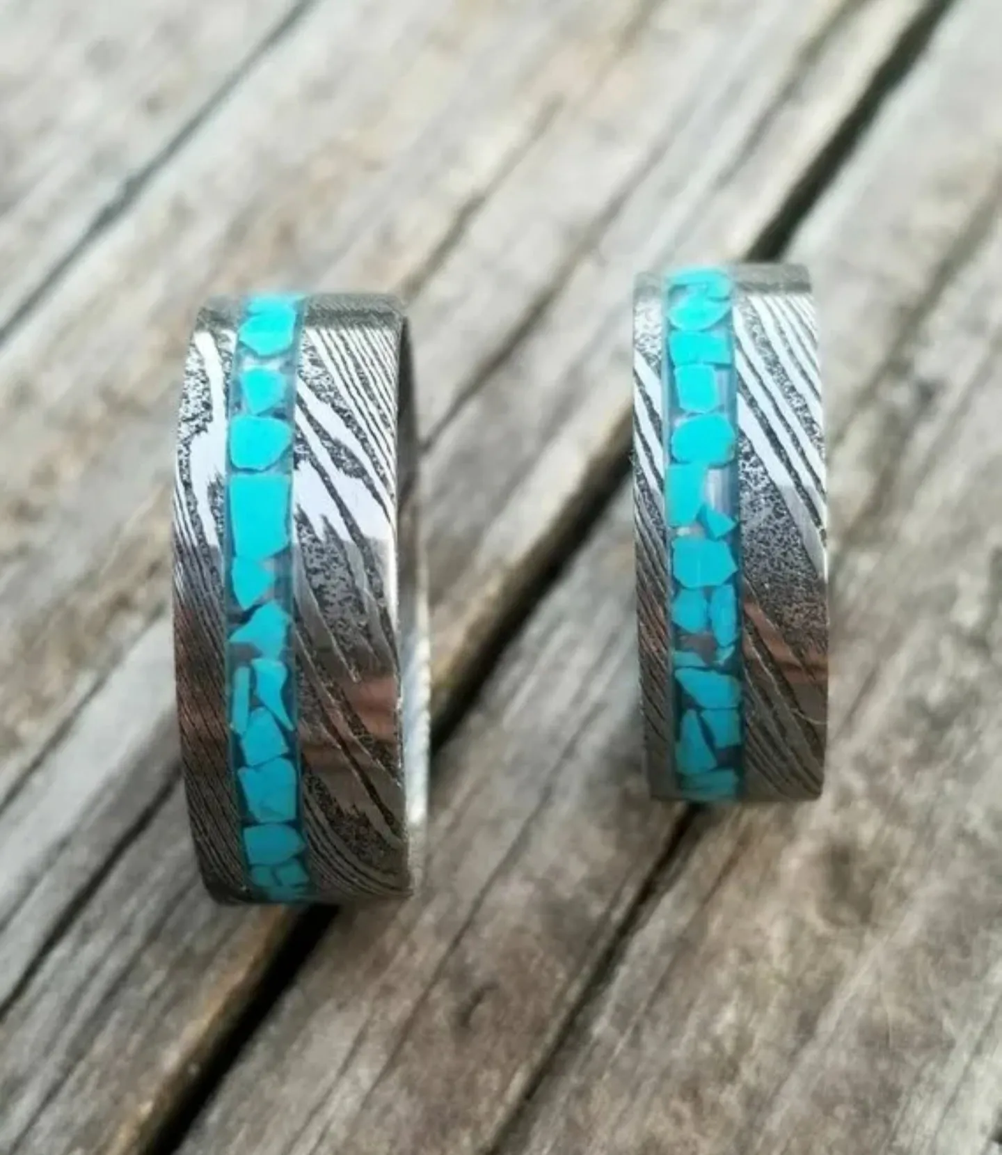 "Twisted Turquoise Set"Stainless Damascus Wedding Ring Set Twist Pattern