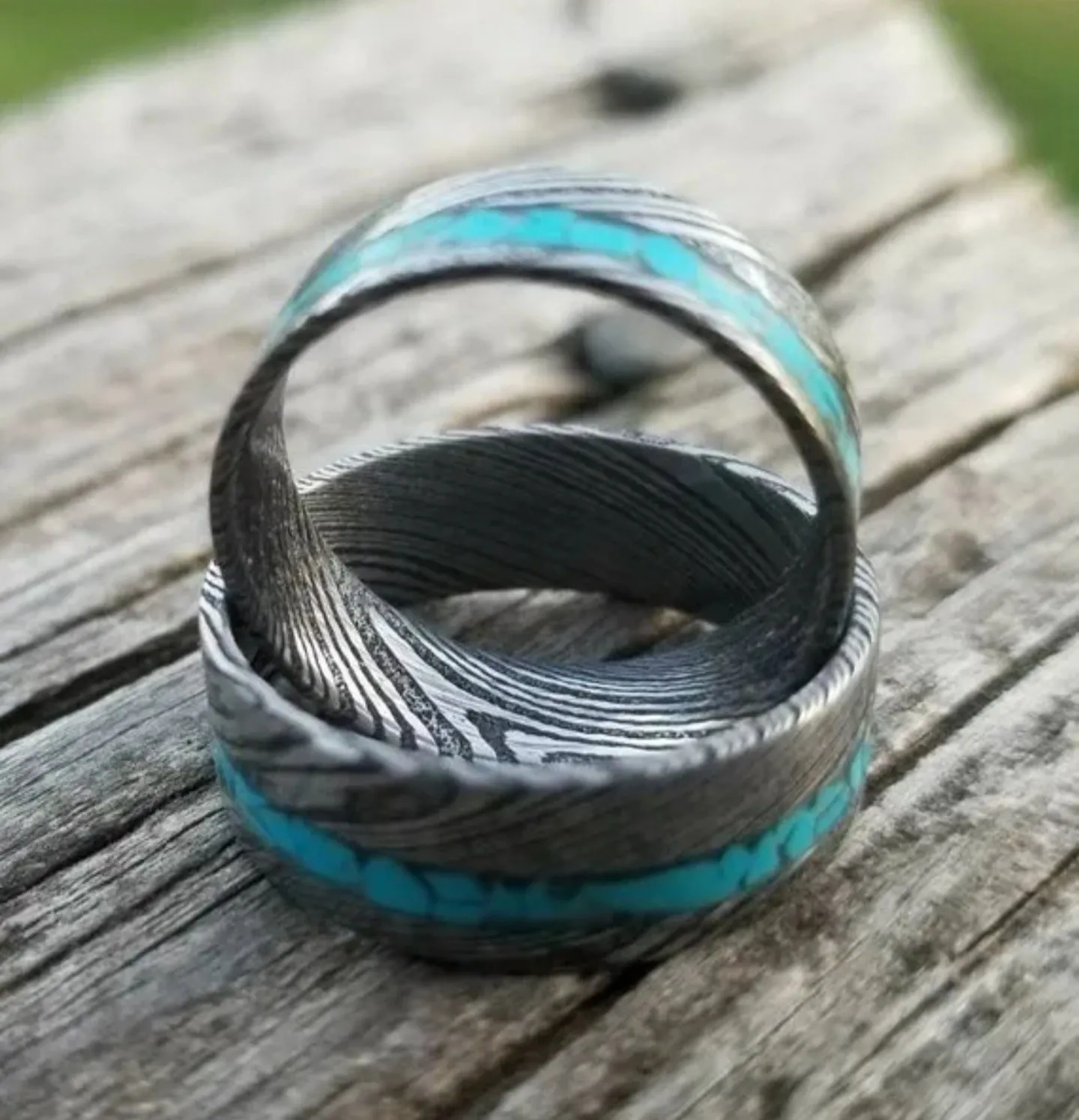 "Twisted Turquoise Set"Stainless Damascus Wedding Ring Set Twist Pattern