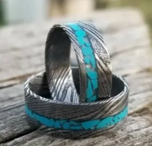 "Twisted Turquoise Set"Stainless Damascus Wedding Ring Set Twist Pattern