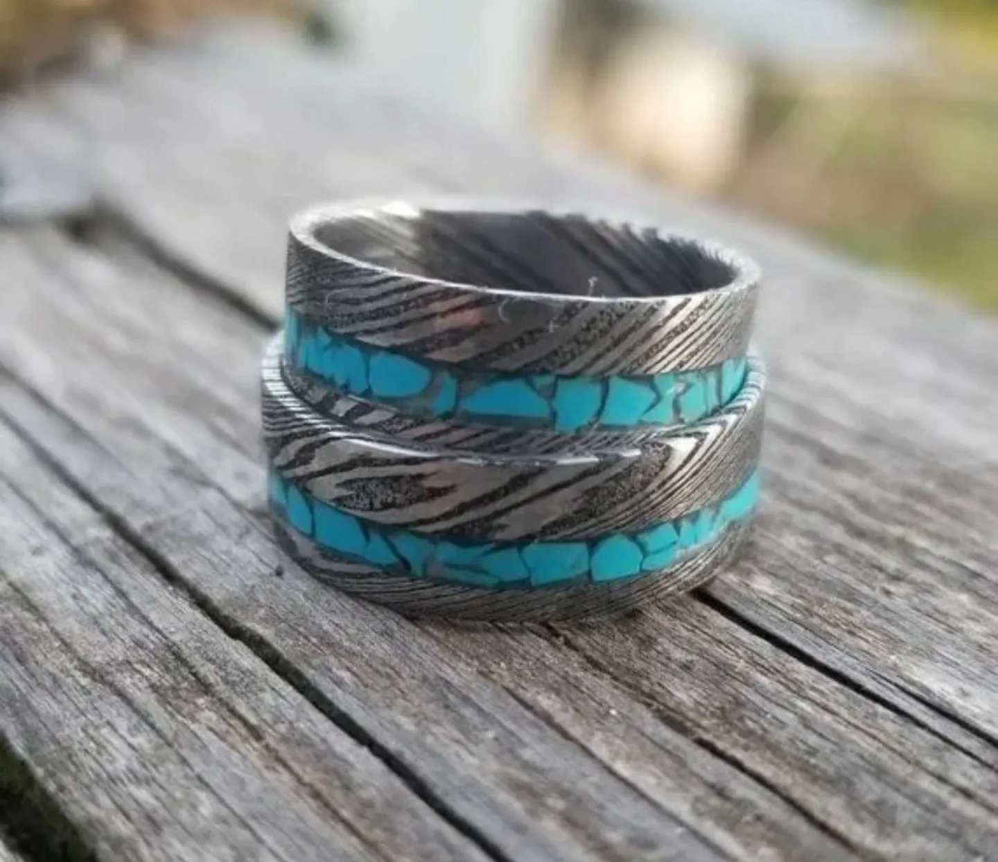 "Twisted Turquoise Set"Stainless Damascus Wedding Ring Set Twist Pattern