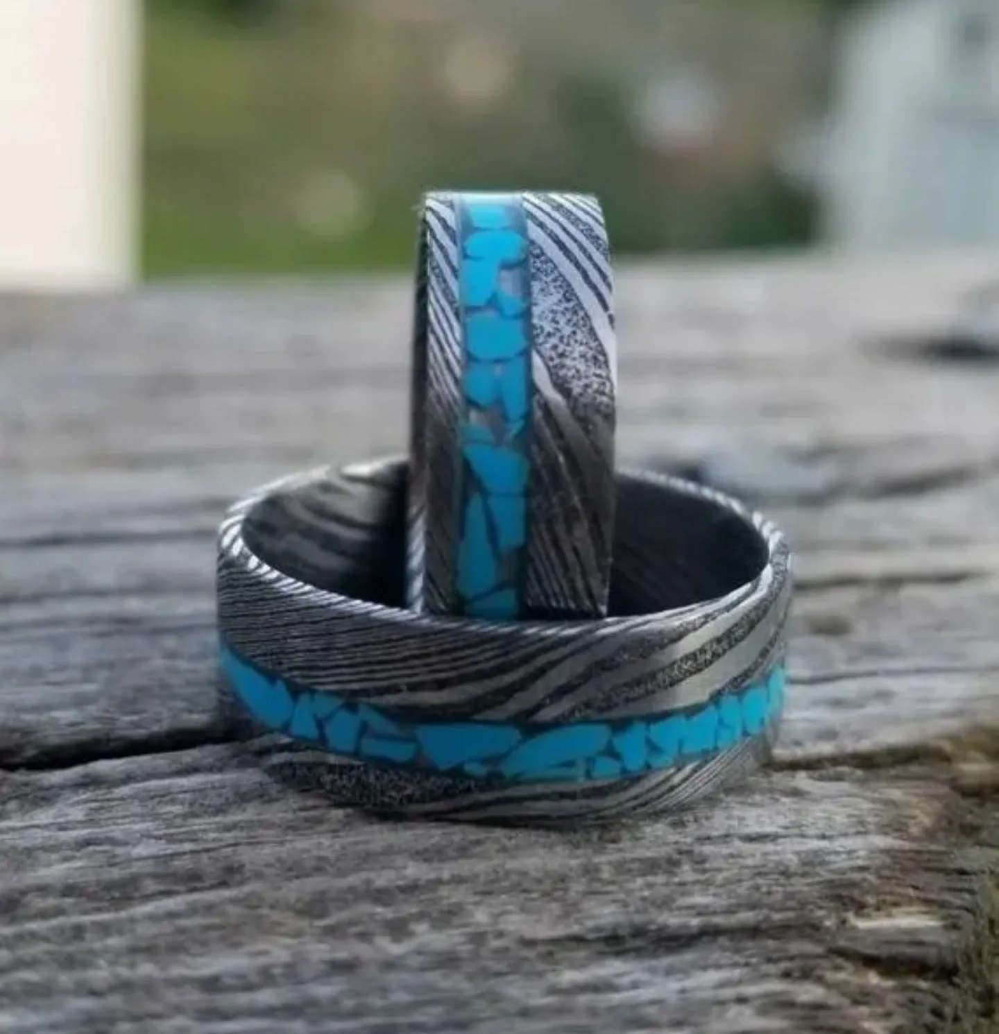 "Twisted Turquoise Set"Stainless Damascus Wedding Ring Set Twist Pattern