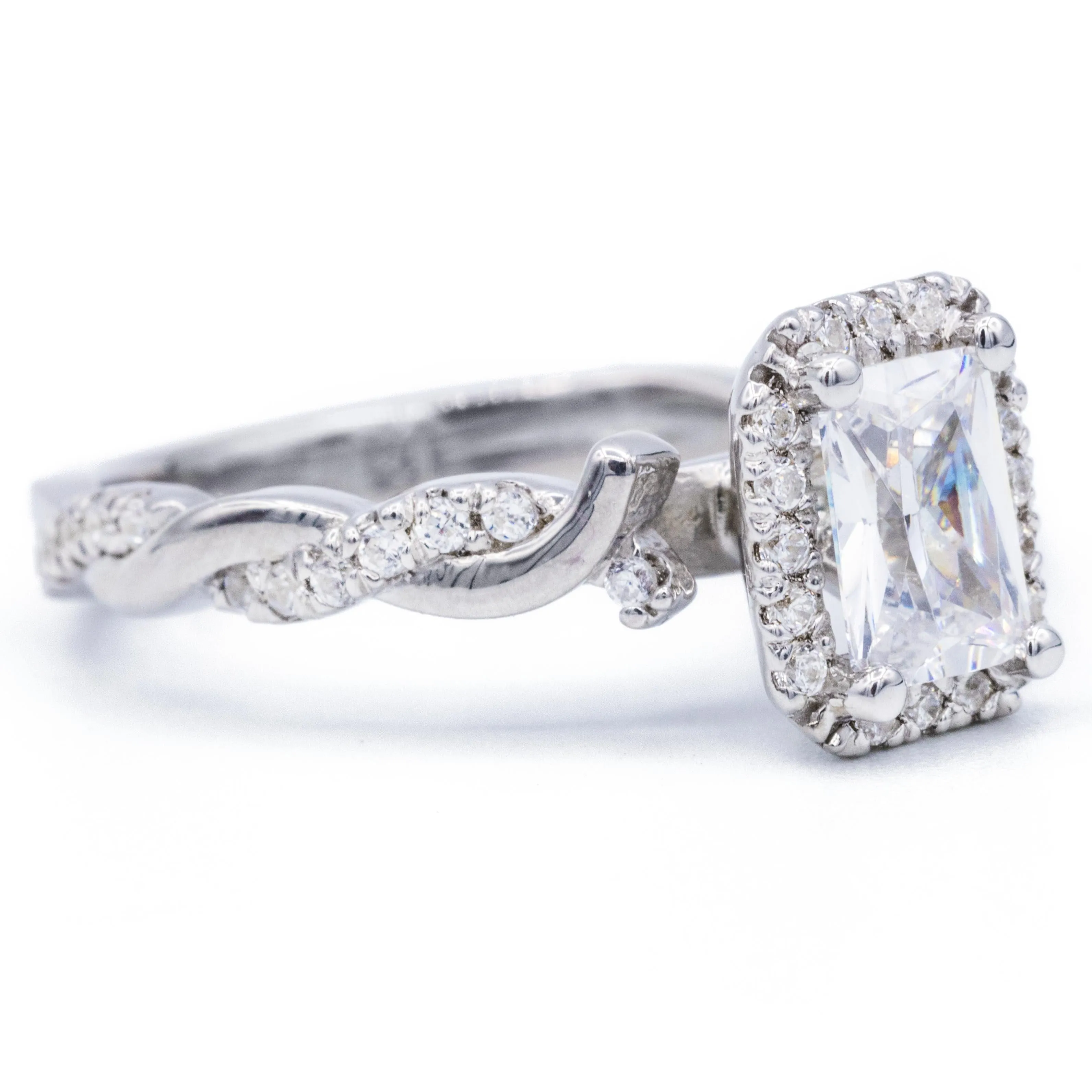 Radiant Center 14K White Gold Halo with Flushed Twist Diamond Shank Ring