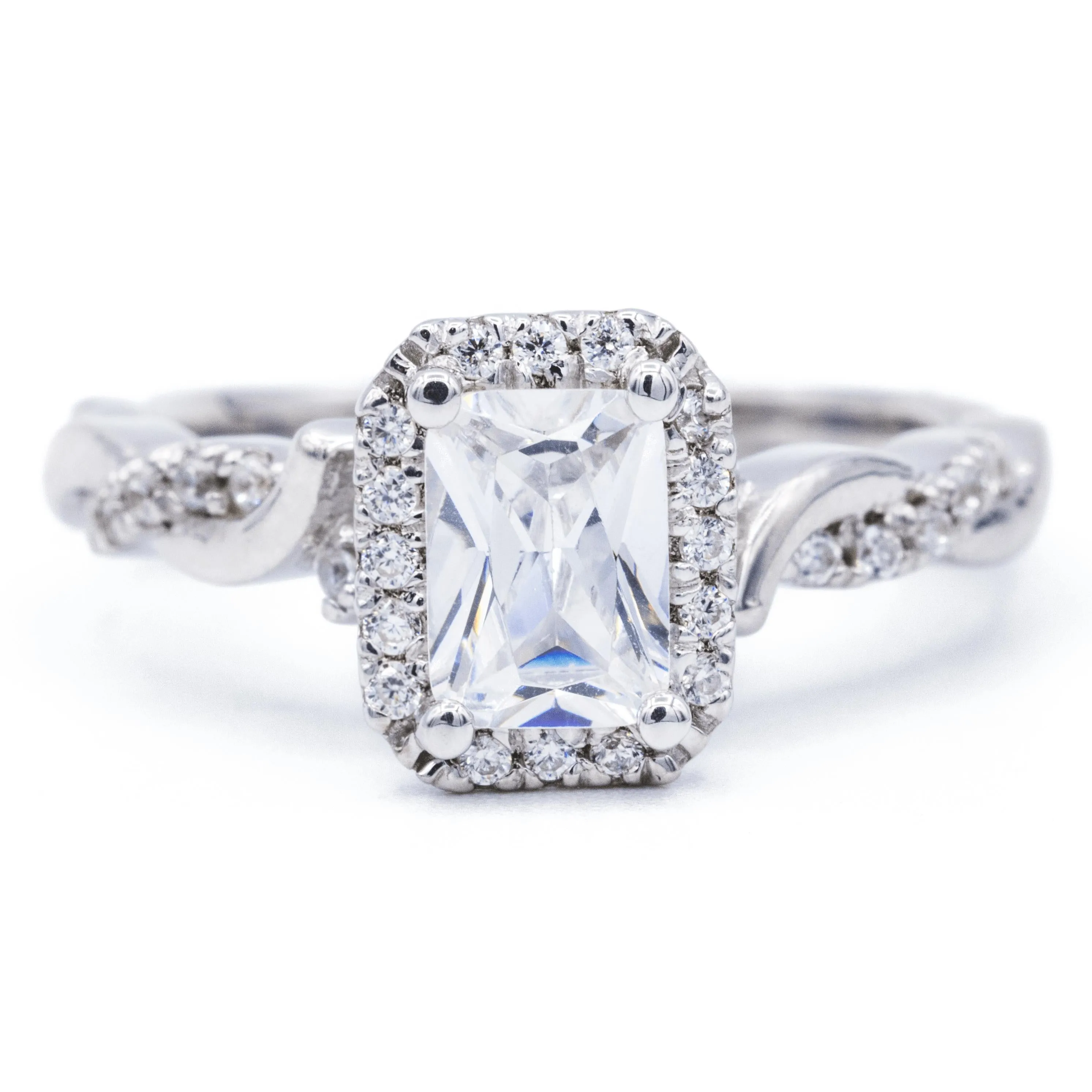 Radiant Center 14K White Gold Halo with Flushed Twist Diamond Shank Ring