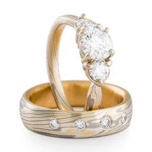 Radiant Mokume Gane Ring Set or Wedding Set in Flare Palette and Twist Pattern with Diamonds