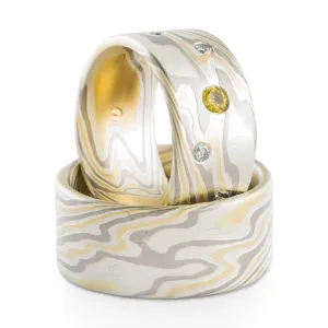 Radiant Mokume Gane Rings or Anniversary Band Set in Twist Pattern and 18k Flare Palette with Sapphire and Diamonds
