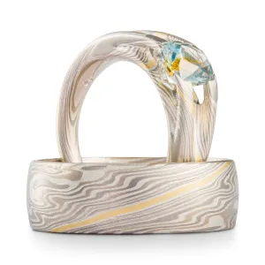 Radiant Wedding Ring Set in Twist Pattern and Smoke Palette with Sapphire