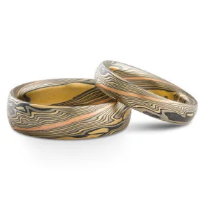 Red River Mokume Gane Rings or Wedding Band Set in Twist Pattern and Flare Palette with Stratum