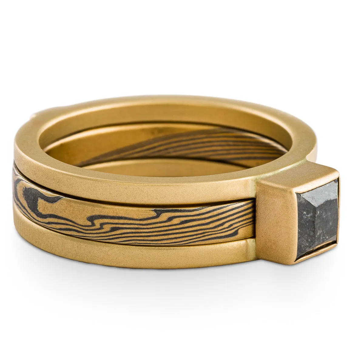 Regal Mokume Gane Three Piece  Wedding Set in Spark Palette and Twist Pattern with Square Diamond