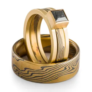 Regal Mokume Gane Three Piece  Wedding Set in Spark Palette and Twist Pattern with Square Diamond
