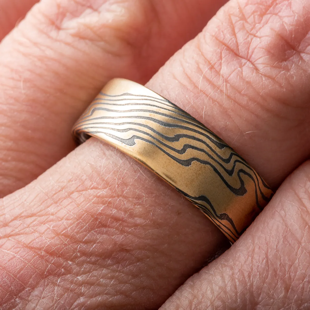 Regal Mokume Gane Three Piece  Wedding Set in Spark Palette and Twist Pattern with Square Diamond
