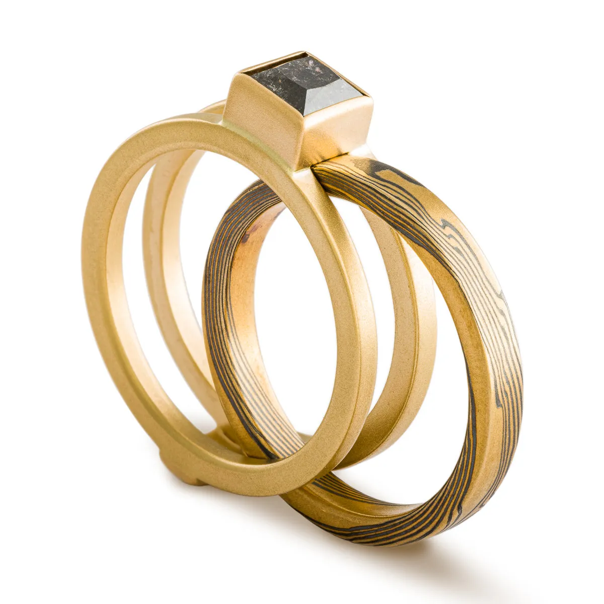 Regal Mokume Gane Three Piece  Wedding Set in Spark Palette and Twist Pattern with Square Diamond