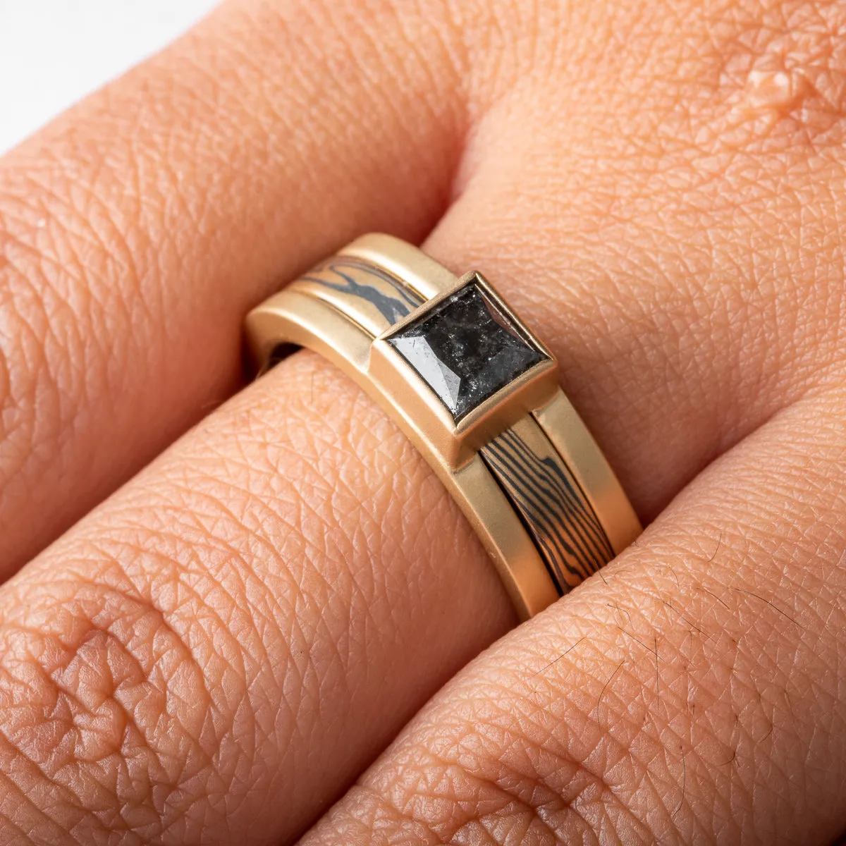 Regal Mokume Gane Three Piece  Wedding Set in Spark Palette and Twist Pattern with Square Diamond