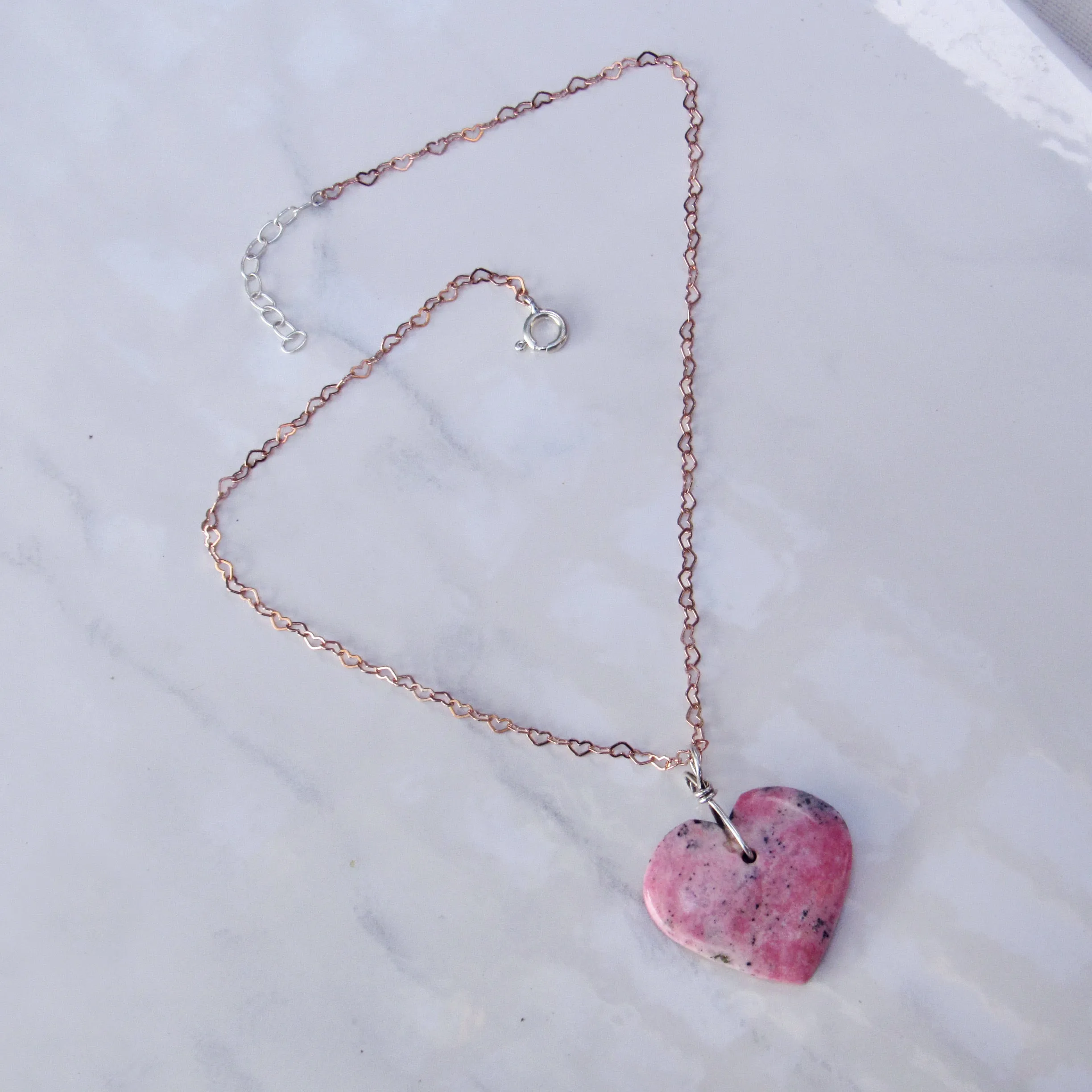 Rhodonite Heart w/ Hand Wrapped Sterling Silver, Rose Gold Fill over Sterling Silver Heart Chain