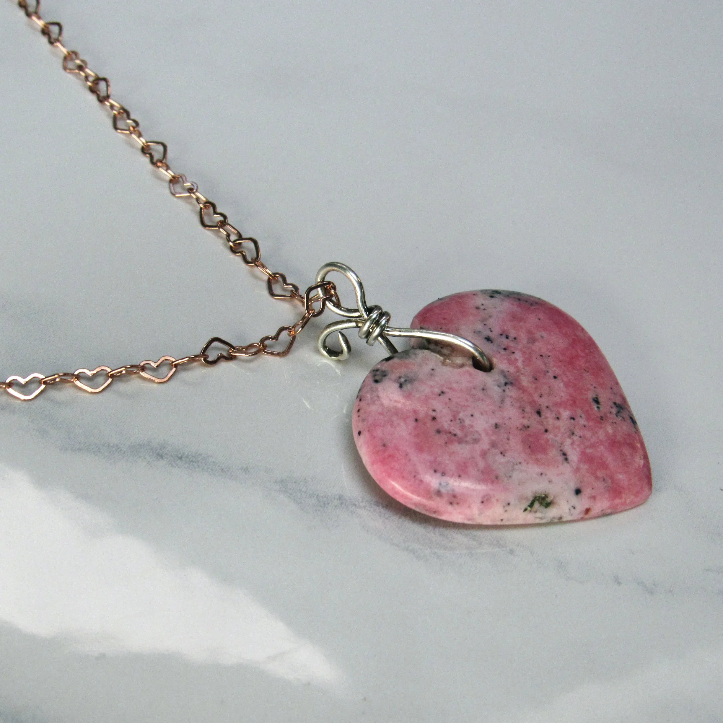 Rhodonite Heart w/ Hand Wrapped Sterling Silver, Rose Gold Fill over Sterling Silver Heart Chain