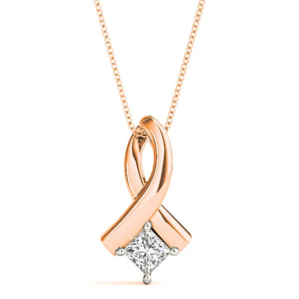 Ribbon Princess Cut Diamond Solitaire Necklace Pendant