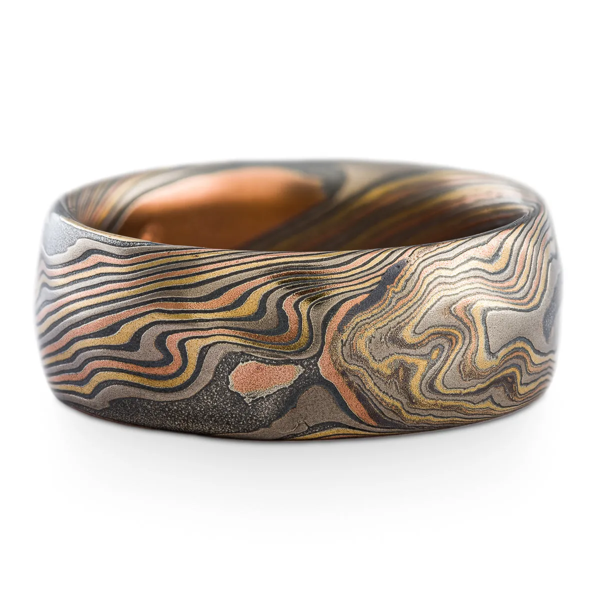 Rich Ravine Mokume Gane Ring or Wedding Band or Ring in Firestorm Palette and Twist Pattern with Kazaru