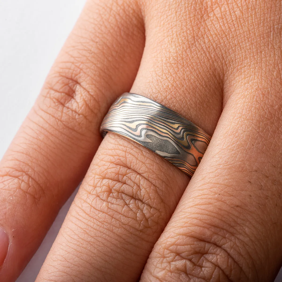 Rich Ravine Mokume Gane Ring or Wedding Band or Ring in Firestorm Palette and Twist Pattern with Kazaru