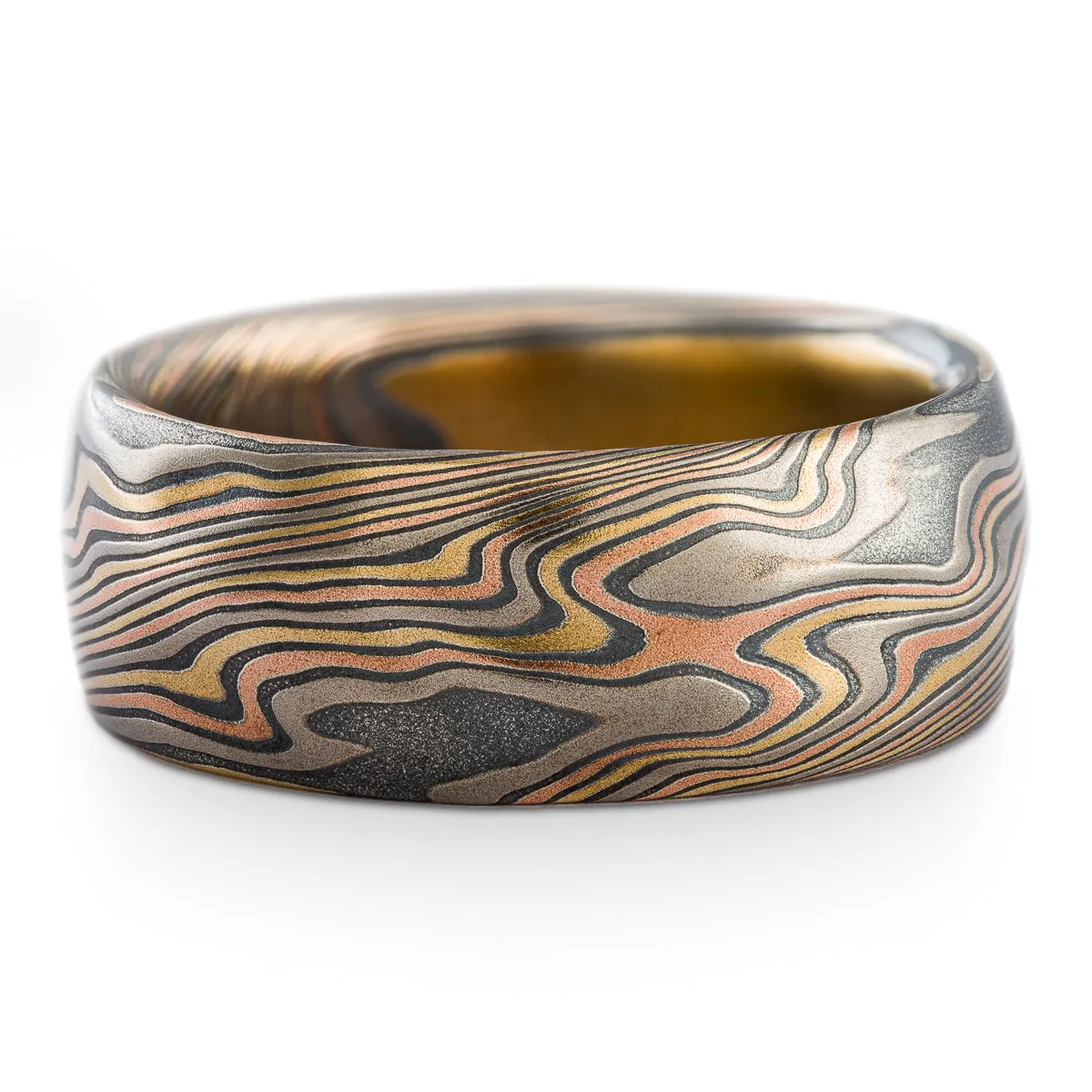 Rich Ravine Mokume Gane Ring or Wedding Band or Ring in Firestorm Palette and Twist Pattern with Kazaru
