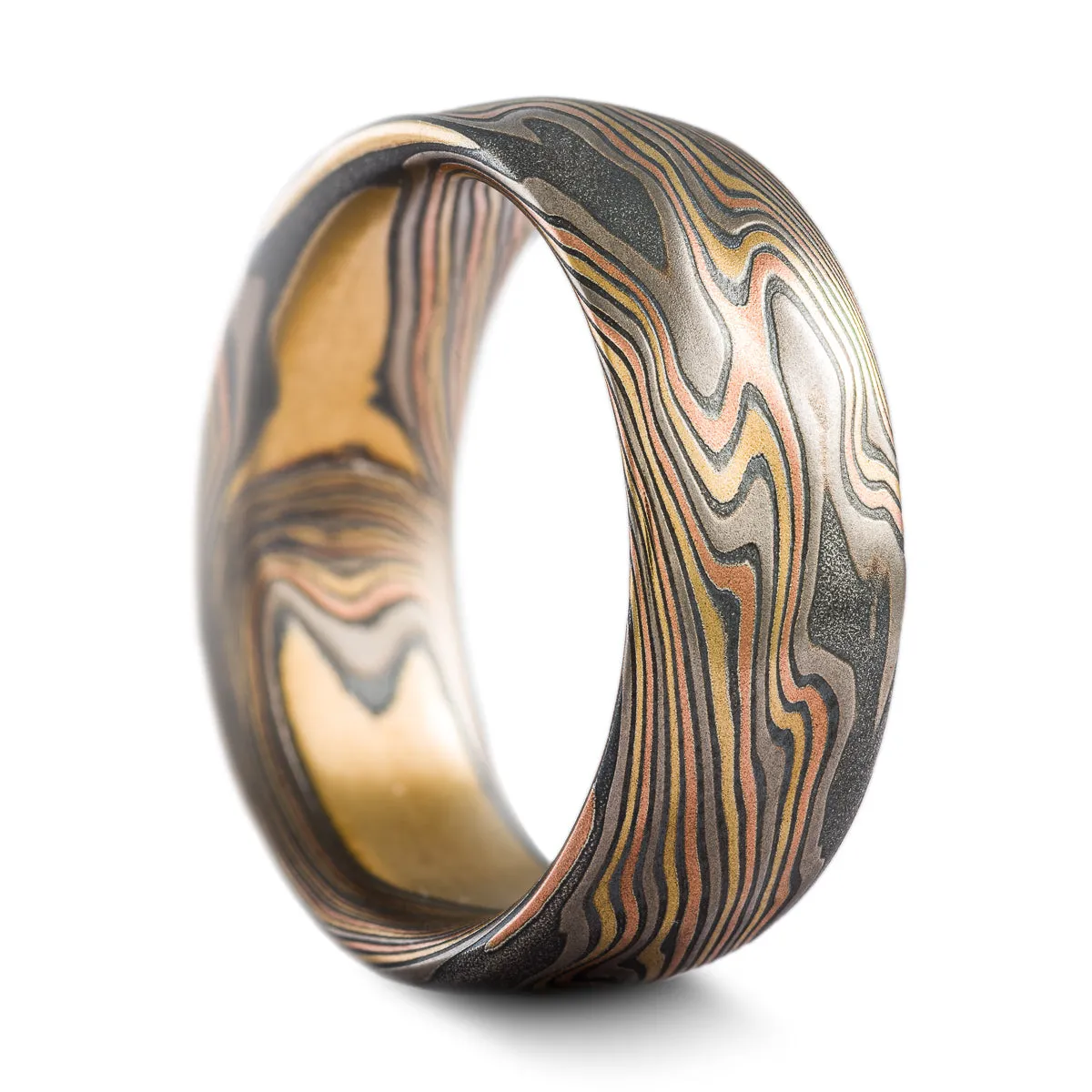Rich Ravine Mokume Gane Ring or Wedding Band or Ring in Firestorm Palette and Twist Pattern with Kazaru
