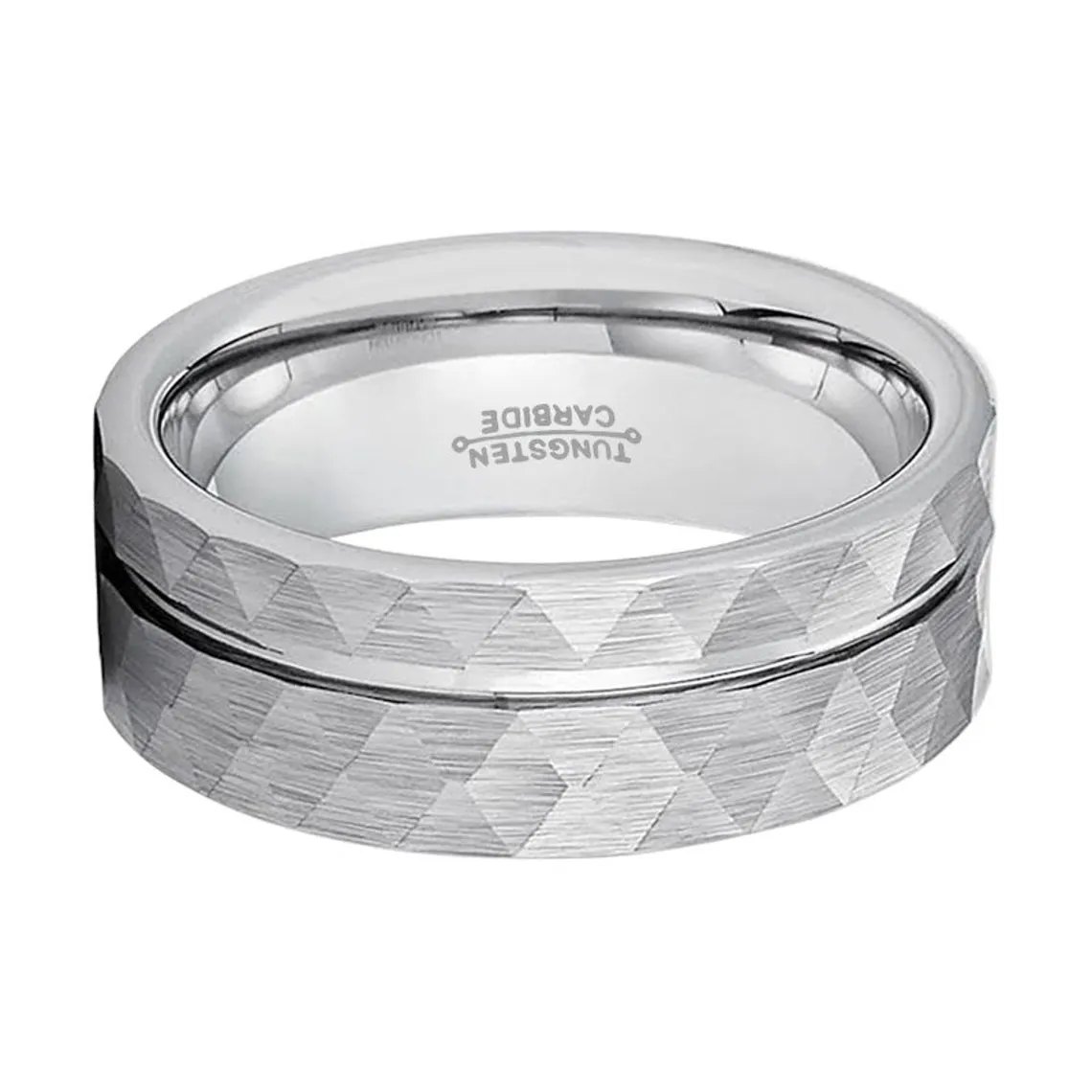 ROCCO | Silver Tungsten Ring, Hammered, Off-Center Groove, Flat