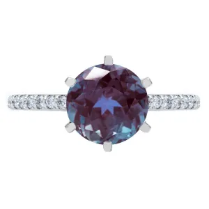 Round Alexandrite 6 Prongs Diamond Accent Ice Solitaire Ring