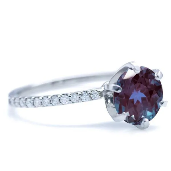 Round Alexandrite 6 Prongs Diamond Accent Ice Solitaire Ring