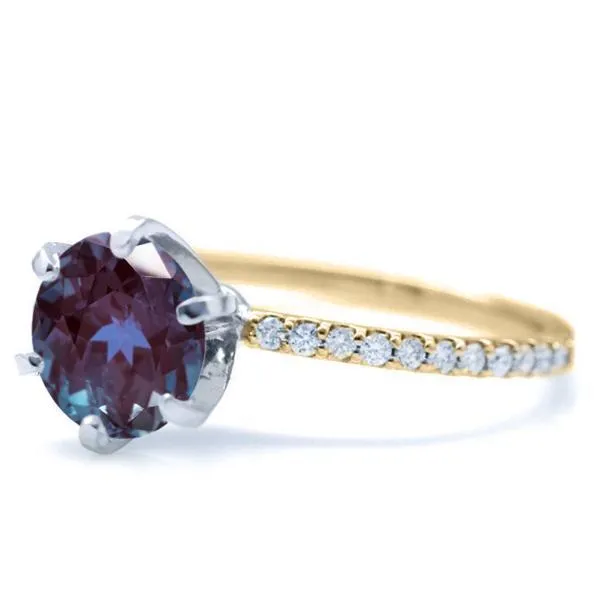Round Alexandrite 6 Prongs Diamond Accent Ice Solitaire Ring