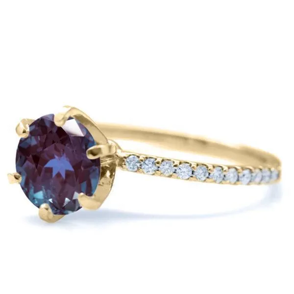 Round Alexandrite 6 Prongs Diamond Accent Ice Solitaire Ring