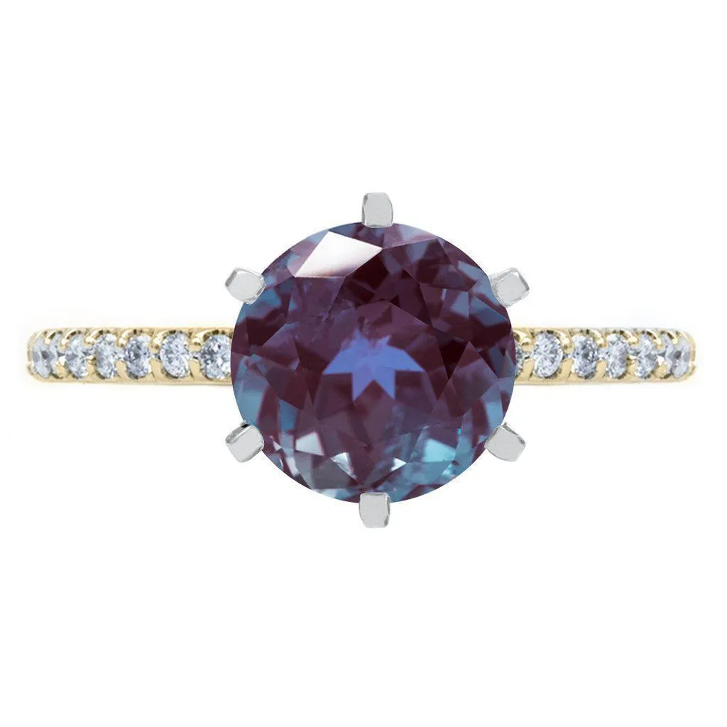 Round Alexandrite 6 Prongs Diamond Accent Ice Solitaire Ring