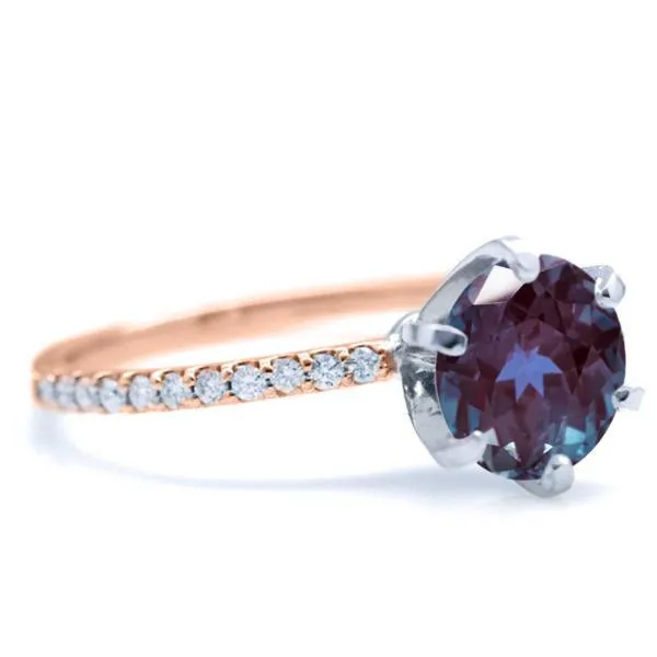 Round Alexandrite 6 Prongs Diamond Accent Ice Solitaire Ring