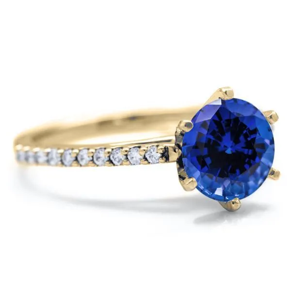 Round Blue Sapphire 6 Prongs Diamond Accent Ice Cathedral Solitaire Ring