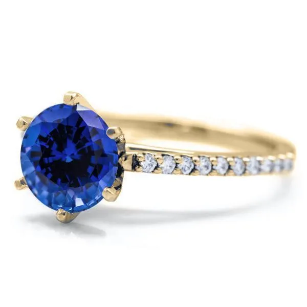 Round Blue Sapphire 6 Prongs Diamond Accent Ice Cathedral Solitaire Ring