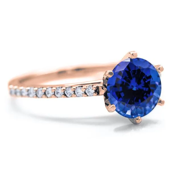 Round Blue Sapphire 6 Prongs Diamond Accent Ice Cathedral Solitaire Ring